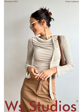 WSSTUDIOS欧美风褶皱荡领围脖不规则下摆纯色高腰短款修身T恤上衣