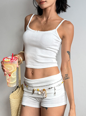 懒人套装蝴蝶结暗纹居家两件套高腰短款纯色打底背心吊带翻腰短裤