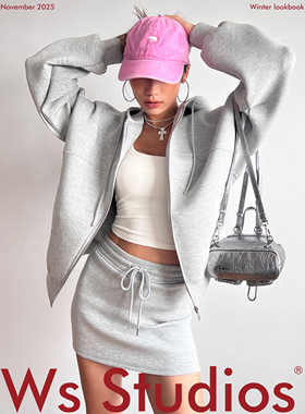 wsstudios 欧美风灰色宽松休闲运动套装连帽卫衣半身短裙两件套女