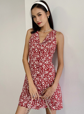 WS STUDIOS 欧美V领单排扣无袖收腰修身A字短裙女复古印花连衣裙