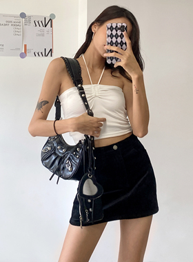 WS STUDIOS 欧美复古平领胸前抽褶性感挂脖美背高腰打底吊带背心