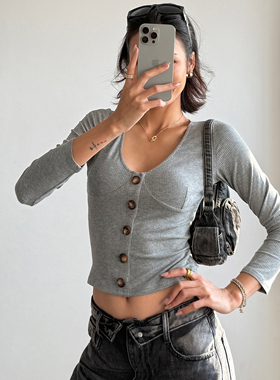 WS STUDIOS自制 基本款纯色V领单排扣长袖打底衫修身百搭T恤上衣