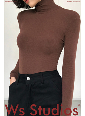 ws studios高领螺纹长袖打底衫T恤性感显瘦修身上衣暗扣连体衣女