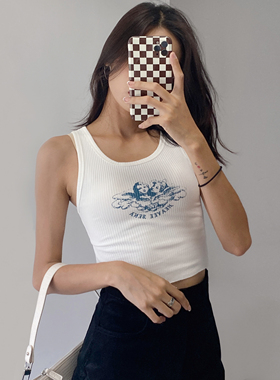 WS STUDIOS欧美复古天使印花坑条背心女夏季外穿辣妹修身短款上衣