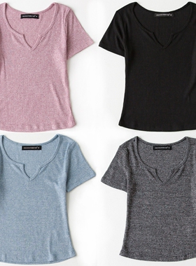 美式复古高腰短款 气质小v领修身显瘦柔肤针织衫短袖打底T恤上衣