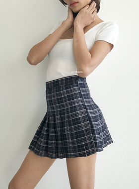 包邮复古高腰侧系扣格子格纹 带防走光裤A字百褶短裙半身裙