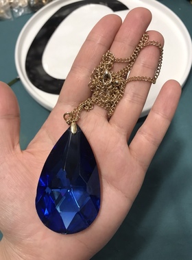 复古超大蓝色莱茵石长款水滴项链 3664
