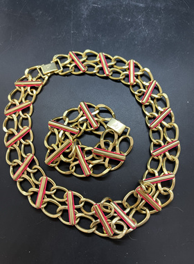 设计师品牌Sam eledman金色宽版短款项链手链一套粉色线个性时尚