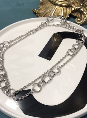 Vintage银色不规则圆圈简约长款项链毛衣链保存品