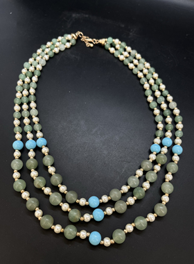 三层琉璃珍珠玉石琉璃短款项链饰品 材质，琉璃 玉石