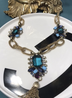 Robert rose 蓝色宝石开背金色夸张长款项链