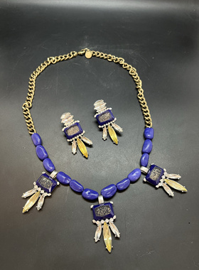 Sh设计师Sam eledman品牌蓝色亮片花卉耳环胸针一套打标