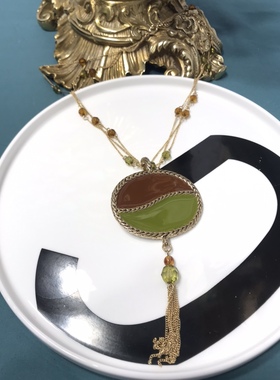 Vintage多层铜镀真金捷克水晶珠珐琅彩流苏短款项链