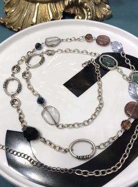 Vintage中古天然水晶复古烤银琉璃长款项链 略氧化