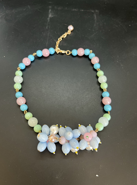 芝麻街原宿风粉色蓝色花朵项链糖果色琉璃珍珠短款项链