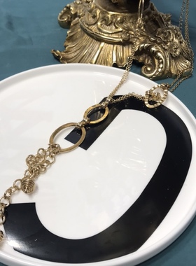 Vintage铜镀真金色简约吊坠不规则长款毛衣链保存品