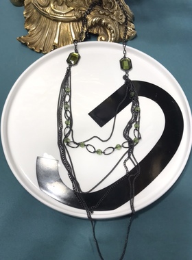 简约橄榄绿色宝石多层长款项链