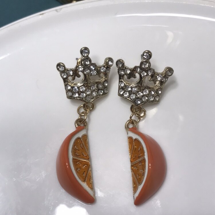 Lunch at the ritz设计师水果橙子皇冠耳环 合金电镀18k金珐琅彩图片