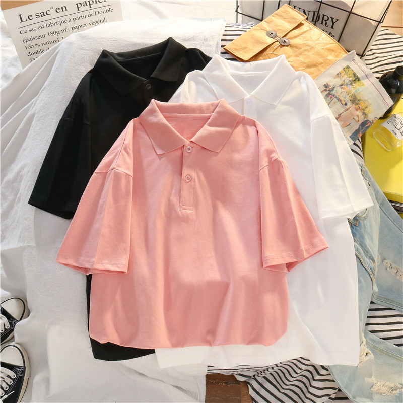 夏装新款ins原宿bf风宽松简约百搭polo衫纯棉纯色翻领短袖T恤女潮