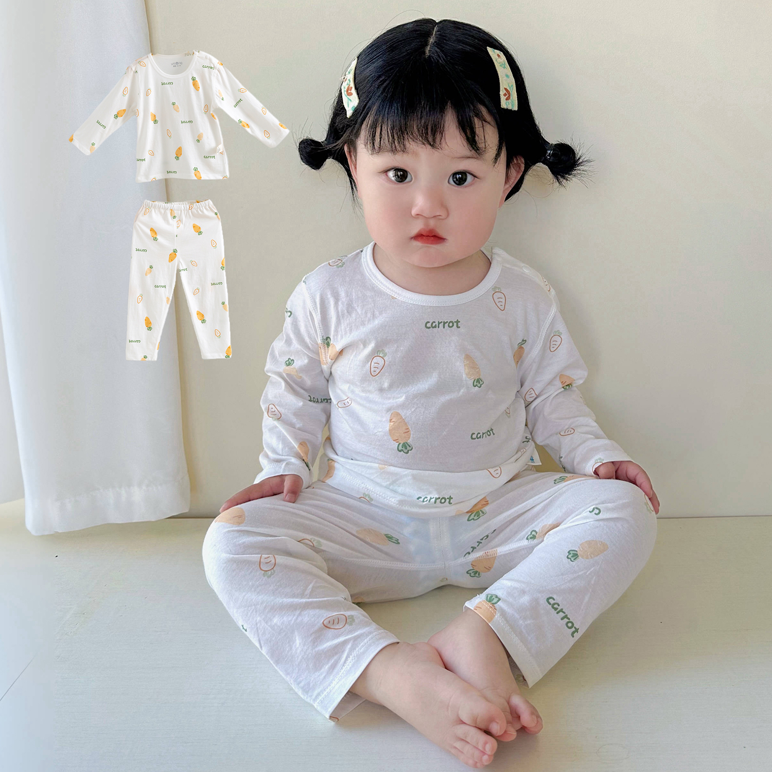 胖东来夏季婴儿纯棉空调服分体套装男女宝宝薄款家居服睡衣长袖长