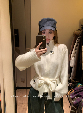 MLS 系腰angle 韩系设计感2025冬季女慵懒收腰立领绑带保暖毛衣