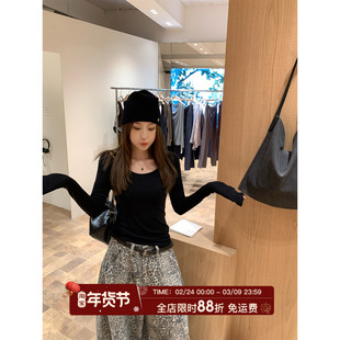 MLS 绒绒衫 简约舒适大圆领长袖打底衫女秋新款修身纯色T恤上衣