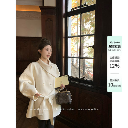 MLS 贵感lady 时髦欧尼2025新款冬季女100羊毛围脖系带厚毛呢外套