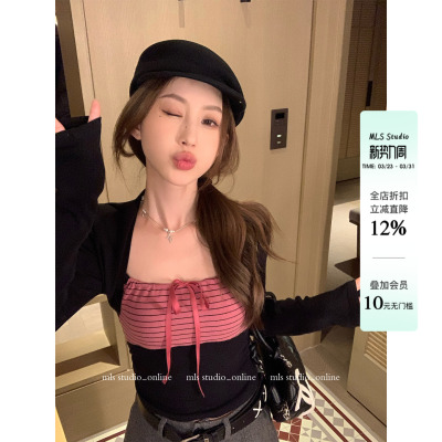 MLS 酒心条纹 版型很jue 2026春季新款上衣女蝴蝶结抹胸条纹T恤
