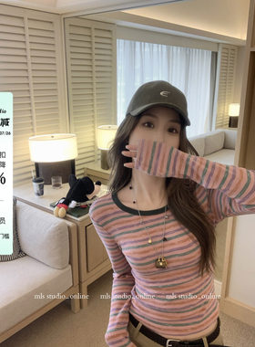 MLS 彩虹多巴胺 清新减龄透气弹力圆领上衣女显瘦撞色条纹修身T恤