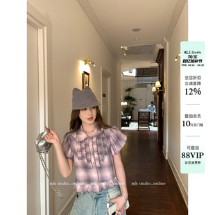 MLS 鸢尾格调 韩系温柔2026夏季新款女泡泡袖娃娃领花边格纹衬衫