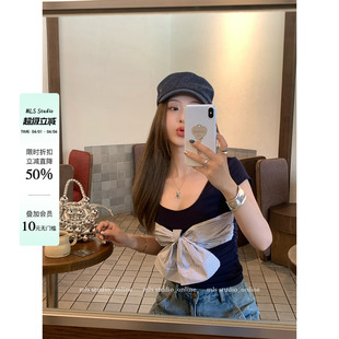 短款 MLS 上衣 辣妹修身 T恤女夏季 糖霜蝴蝶结 甜美绑带大圆领短袖