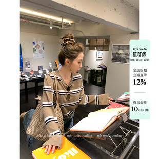 宽松休闲舒适百搭长袖 MLS 女春新款 复古条纹针织衫 上衣 千层椰椰