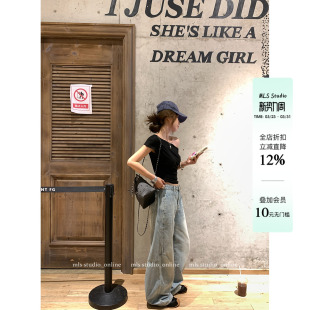 宽松休闲弯刀裤 MLS 女春季 ins街头风做旧复古阔腿牛仔裤 松弛牛牛