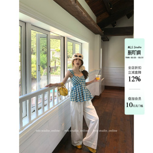 轻薄宽松休闲阔腿裤 MLS 女夏季 慵懒舒适花朵镂空直筒裤 茉莉甜茶