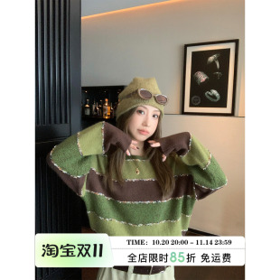 2025慵懒高级感针织衫 MLS 新款 复古撞色条纹毛衣女秋季 抹茶黑巧