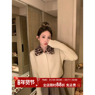 MLS 小花豹女士 复古野性2026春夏新款女上衣豹纹翻领针织开衫