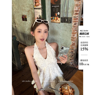 MLS 白茶朵朵 立体层次感2026夏新款上衣女纯欲立体花瓣挂脖背心