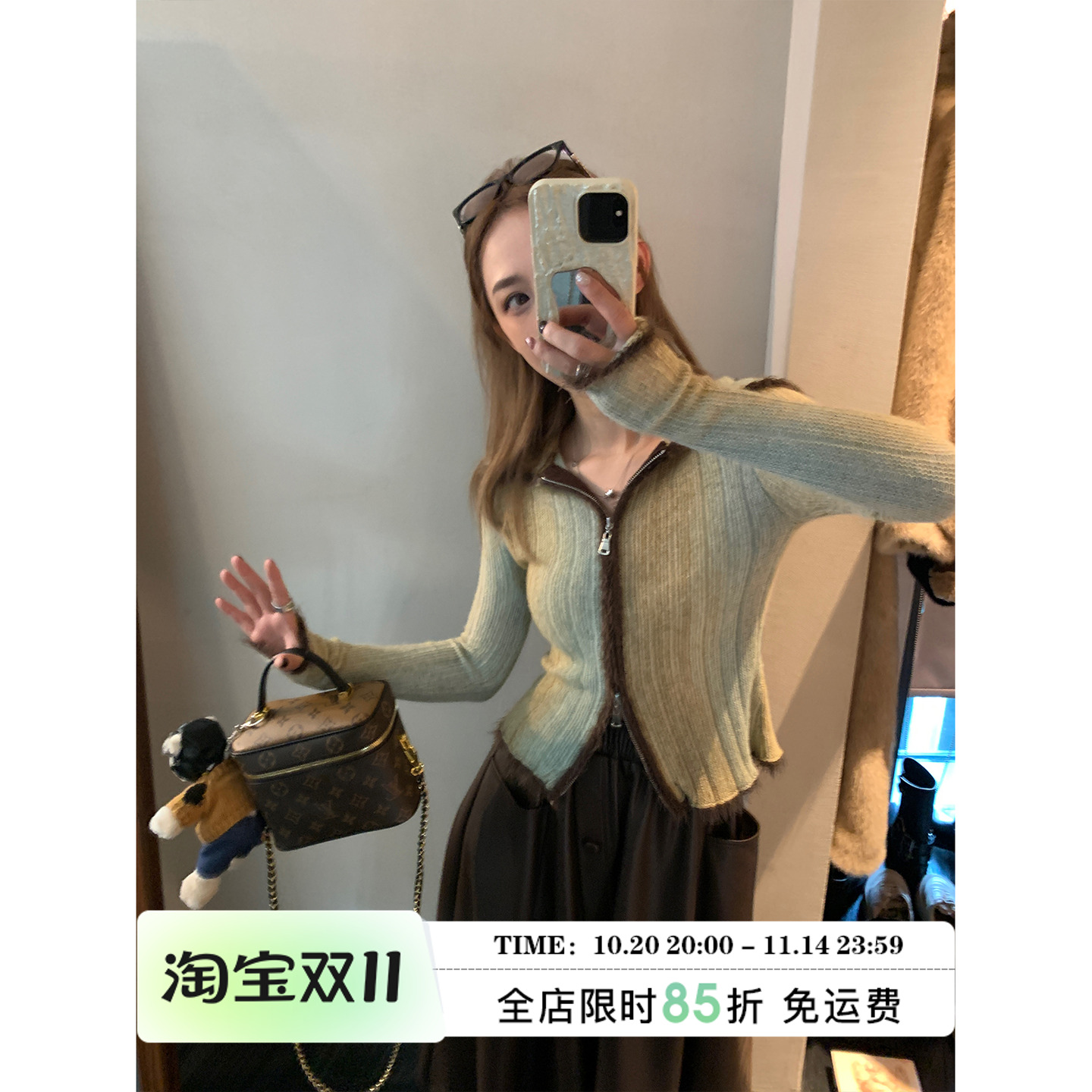 针织拉链翻领开衫显瘦