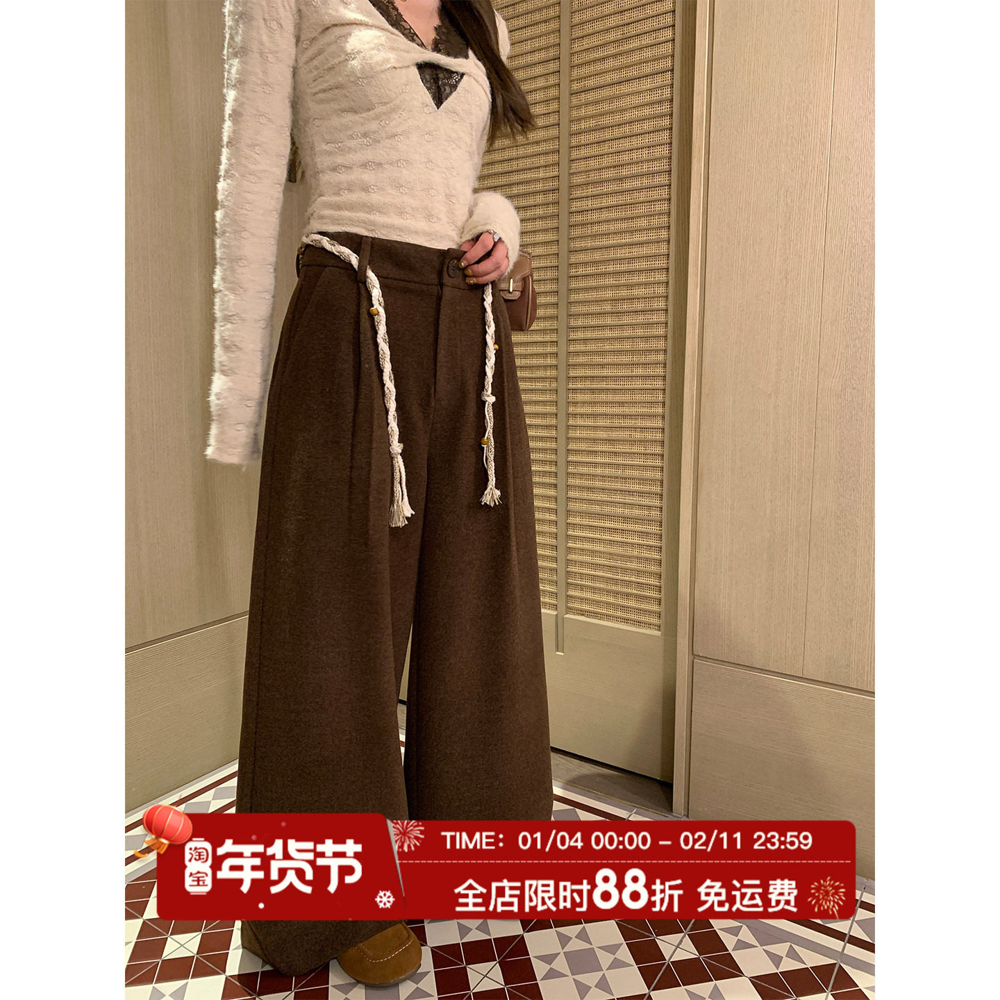 MLS 腿精报恩裤 2026春夏新款女宽松法式绑带垂感显瘦毛呢休闲裤,女装/女士精品,休闲裤,淘宝优惠券,粉丝福利购,淘宝优惠卷