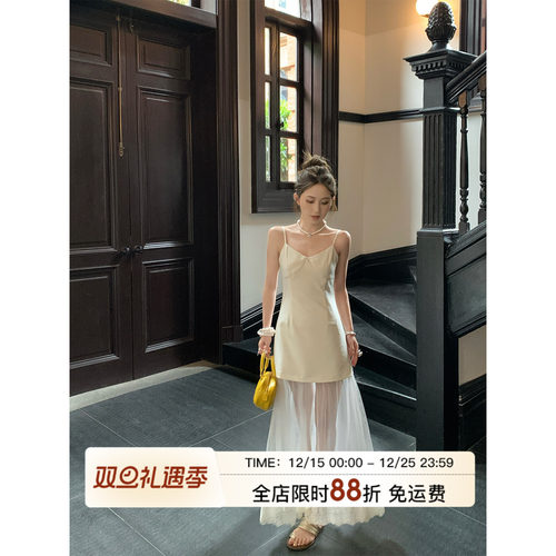 MLS 巴黎邂逅 浪漫氛围感网纱连衣裙女夏季温柔纯欲镂空吊带长裙