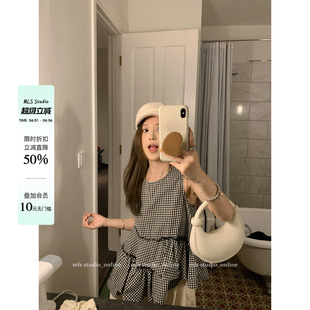 MLS 不规则荷叶边格纹背心女夏季 甜美减龄小众无袖 上衣 黑白乐章