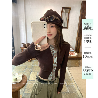 MLS条纹拼接收腰开衫T恤女