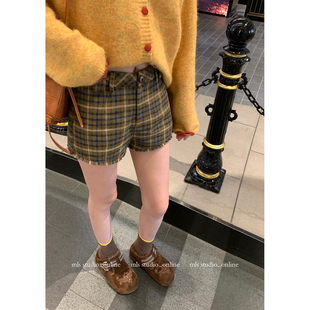 散边格盘裤 2025百搭A字休闲裤 复古格纹高腰短裤 新款 女秋冬季 MLS