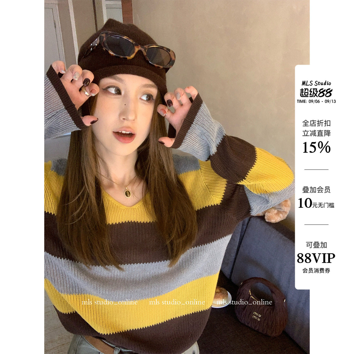 MLS复古条纹拼色针织衫女图片