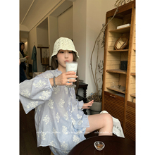 MLS 北欧晚风 度假风刺绣长袖衬衫短裤套装女夏季气质防晒两件套