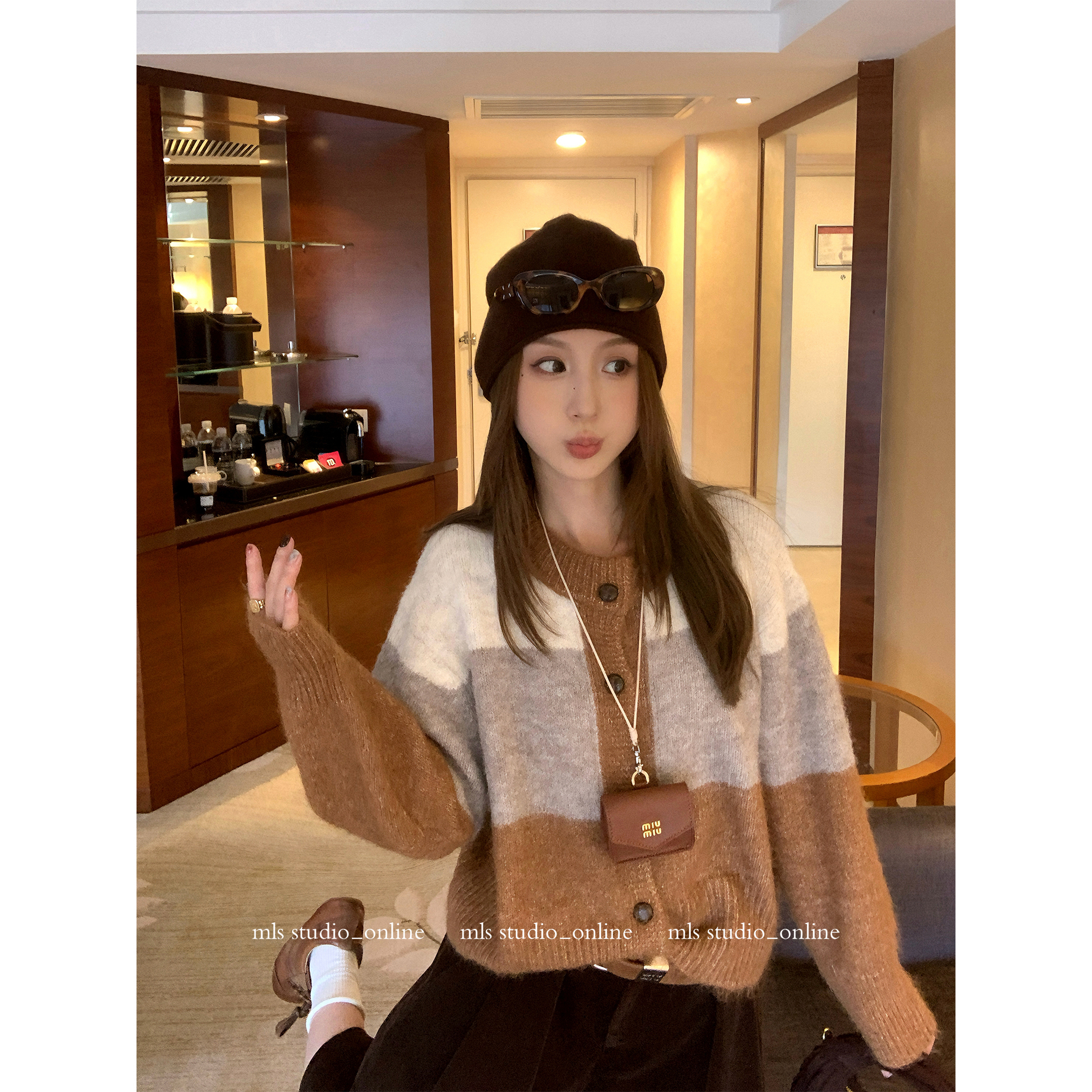 MLS慵懒风撞色针织开衫女