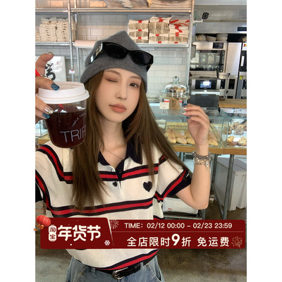 MLS miu系美学 翻领条纹针织短袖T恤女夏季撞色休闲polo衫上衣