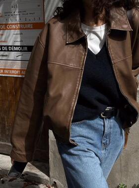 街头艺术家 2024新款 宽松棕色夹克短款外套美式复古机车皮衣女春