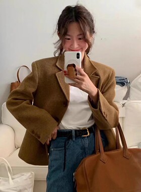 thebarnnet2024新款韩版休闲宽松小个子短款姜黄色毛呢西装外套女