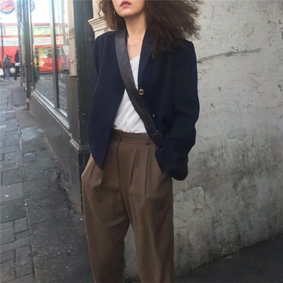 cbd休闲风宽松短款藏青色小西装